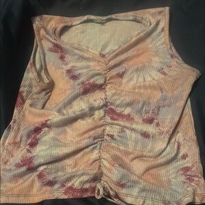 Self Esteem Tan and Cream Tie Dye  Ruched Tie Front Blouse/Shirt​